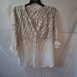 Good Days Only Women Lightweight Zebra Print Button Down Tan Beige Blouse-3X